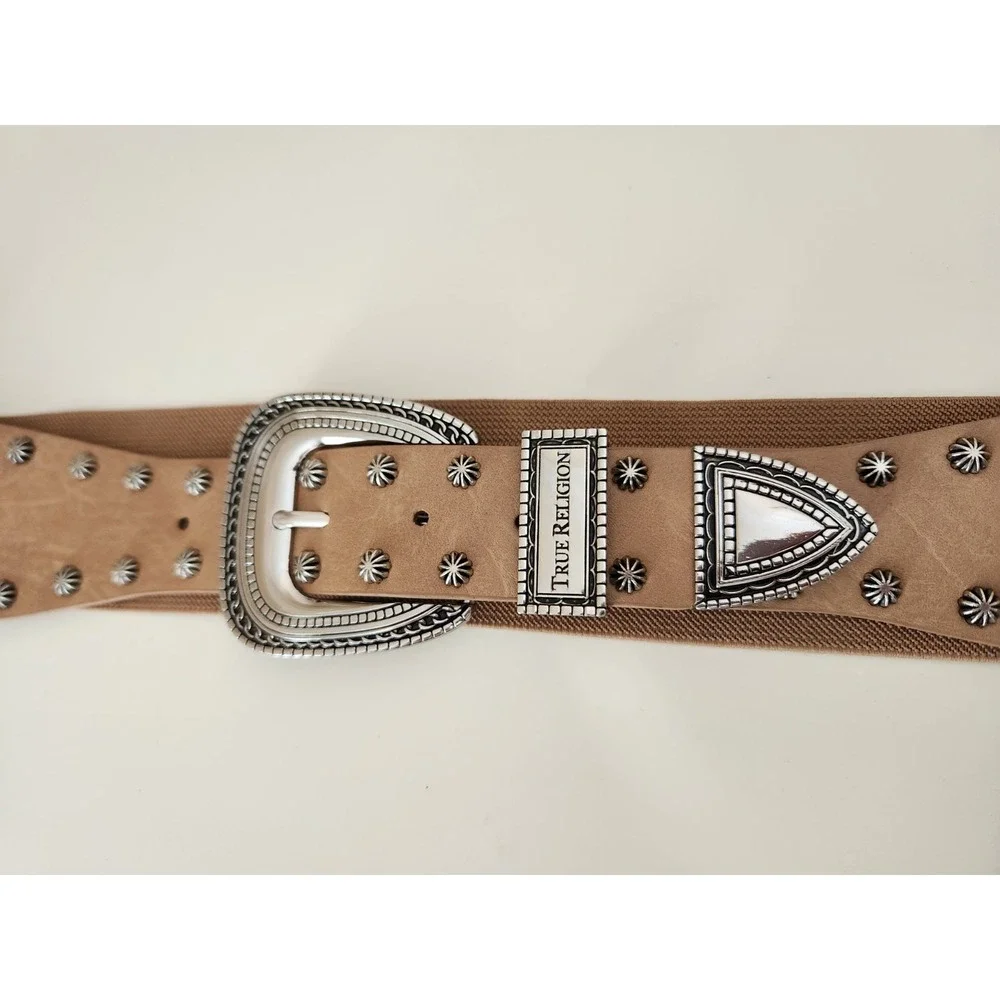True Religion Women's Stretch Studded‎ Corset Belt Adjustable Beige Size M/L